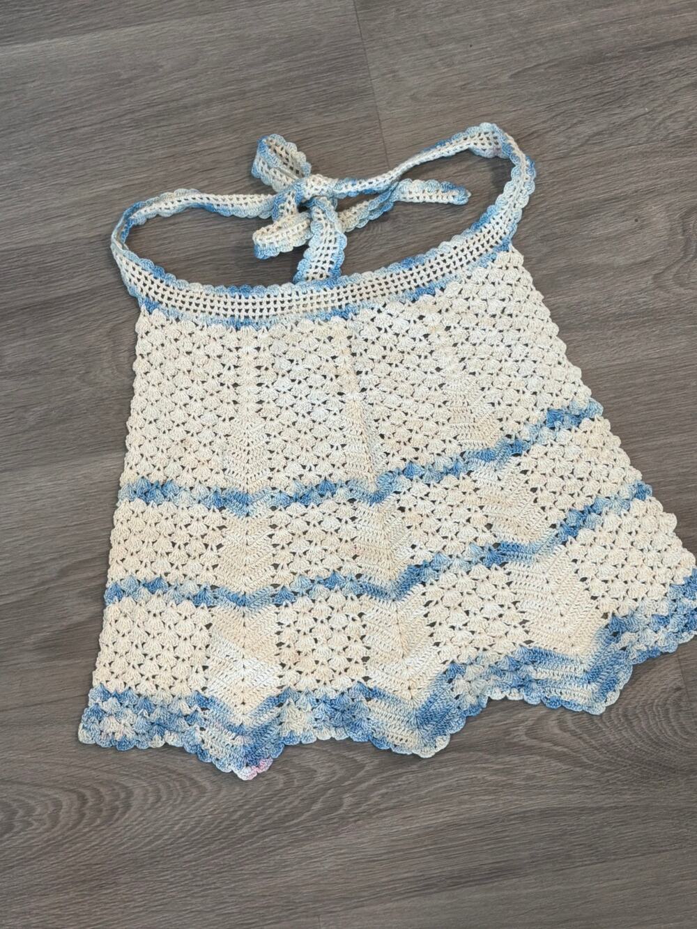 Vintage crocheted children’s apron cream and blue
